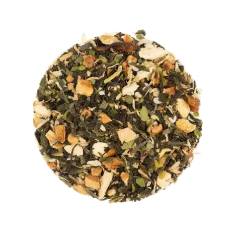 Tea blend with green leaves, orange pieces, and white flowers on a white background