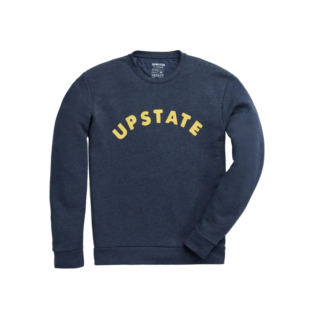 Navy blue sweatshirt with 'UPSTATE' in yellow on a gray background