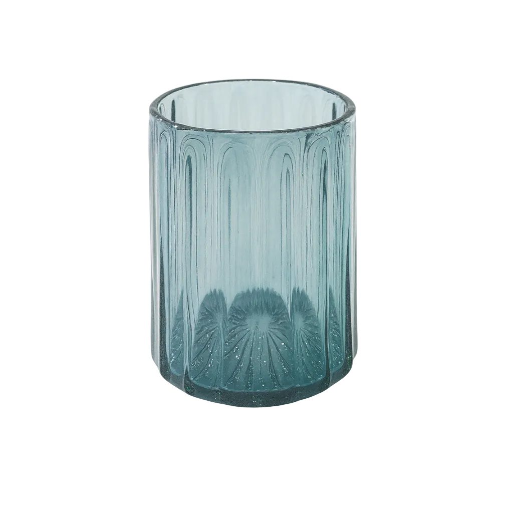 Teal glass vase with textured design on a white background