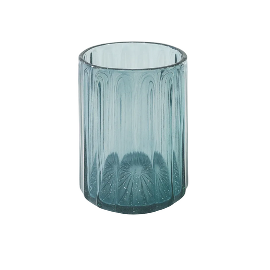 Teal glass vase with textured design on a white background