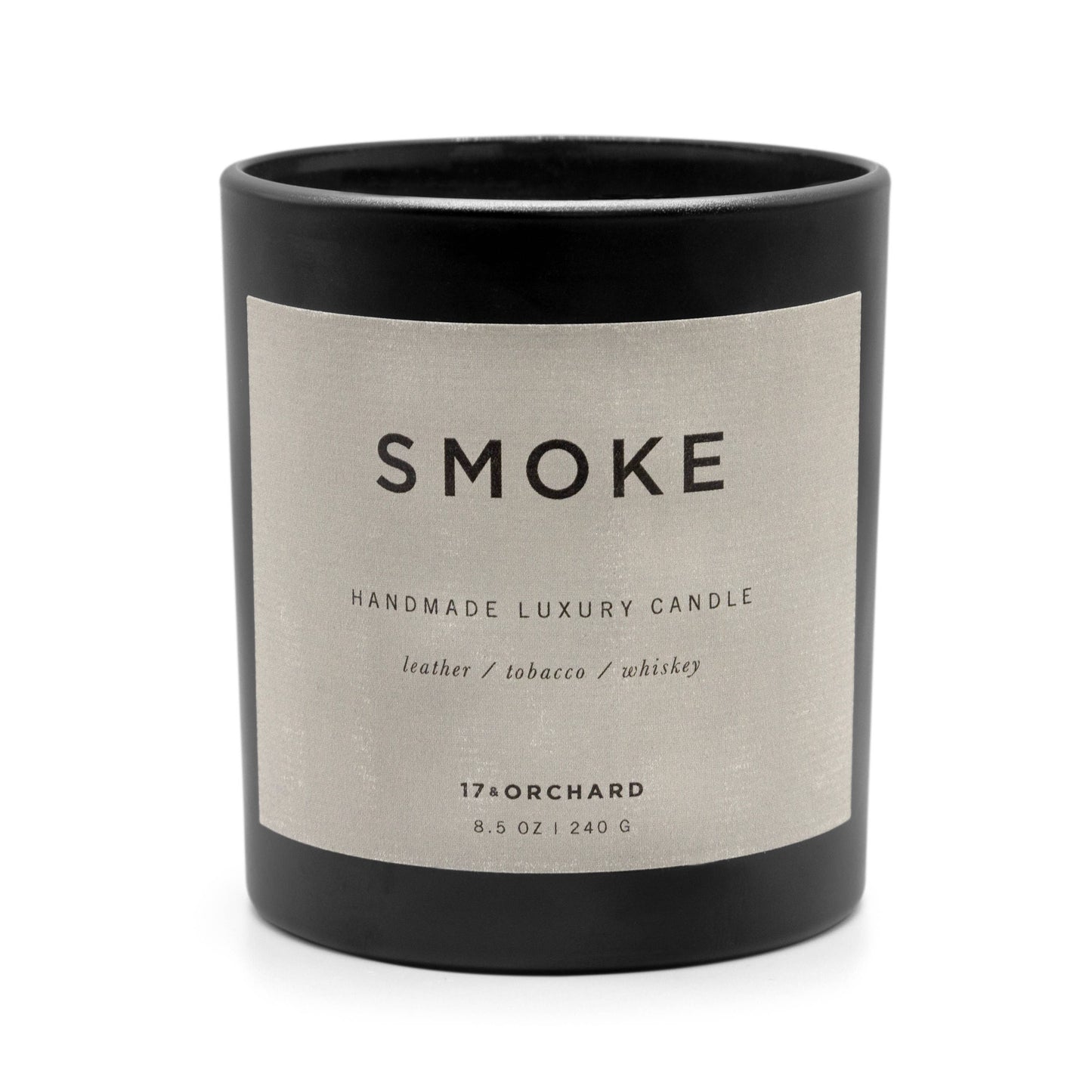 17 7 Orchard Handmade luxury candle labeled 'Smoke' with a black lid on a white background