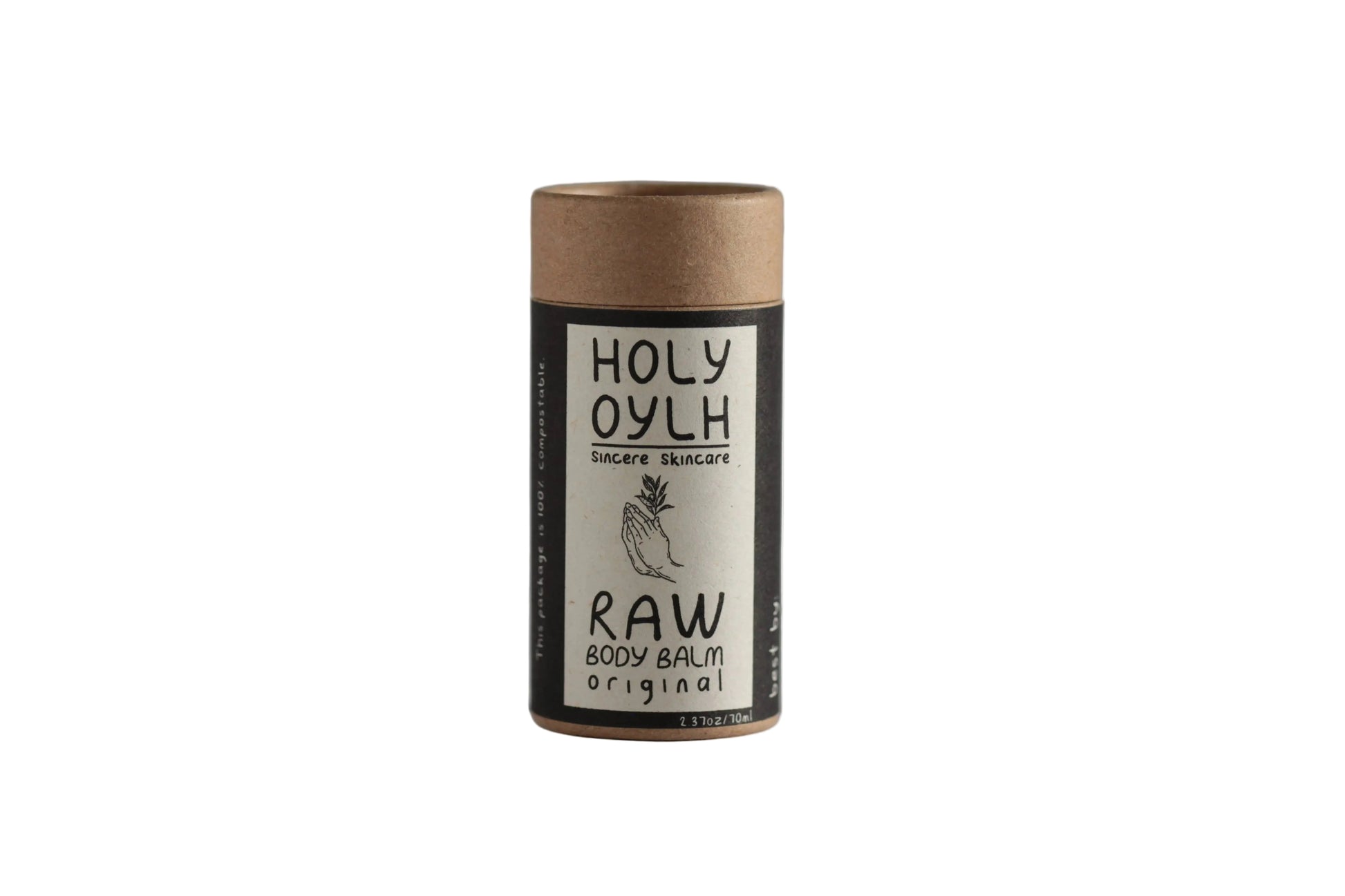 Body balm container with 'Holy Oylh' label on a gray background
