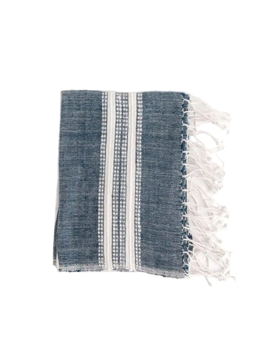 Blue and white striped towel with fringes on a white background