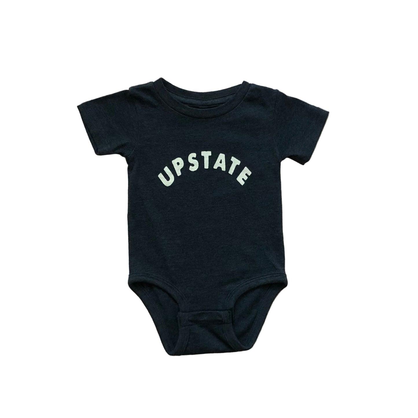 Navy baby onesie with 'UPSTATE' text on a wooden surface