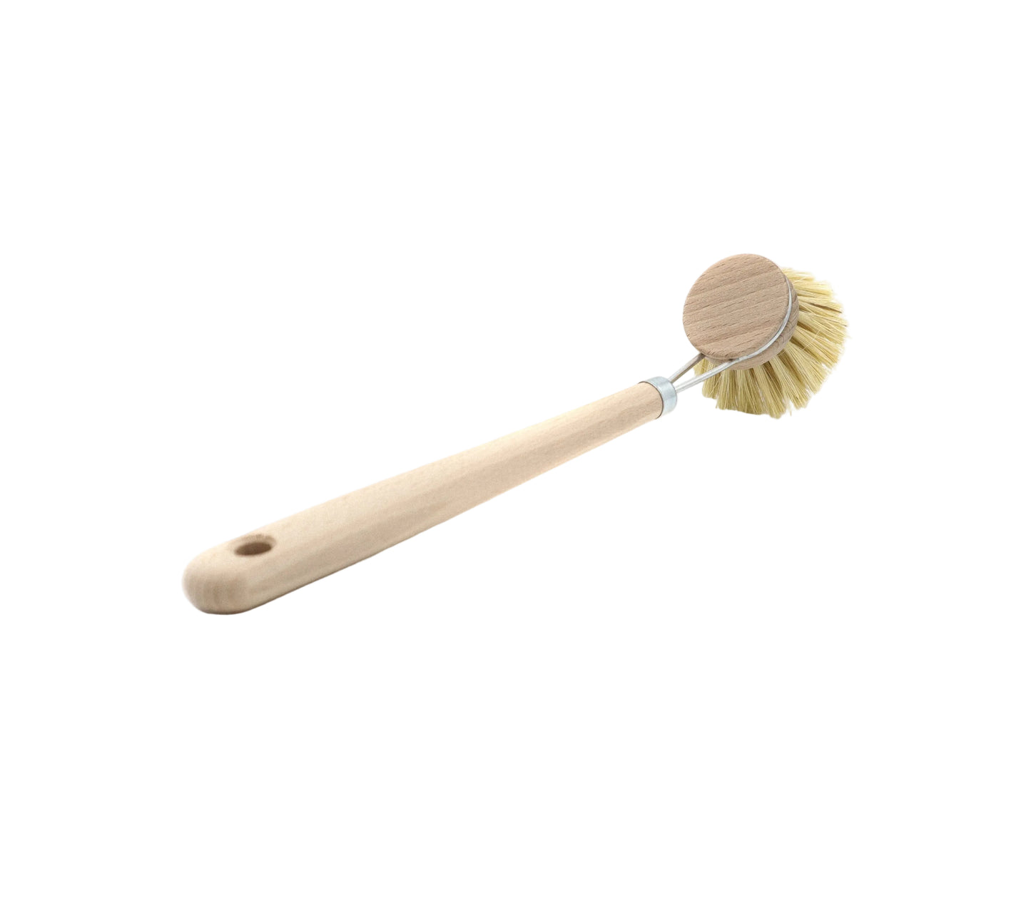 Dishwashing brush with wooden handle and scrubber head on a white background