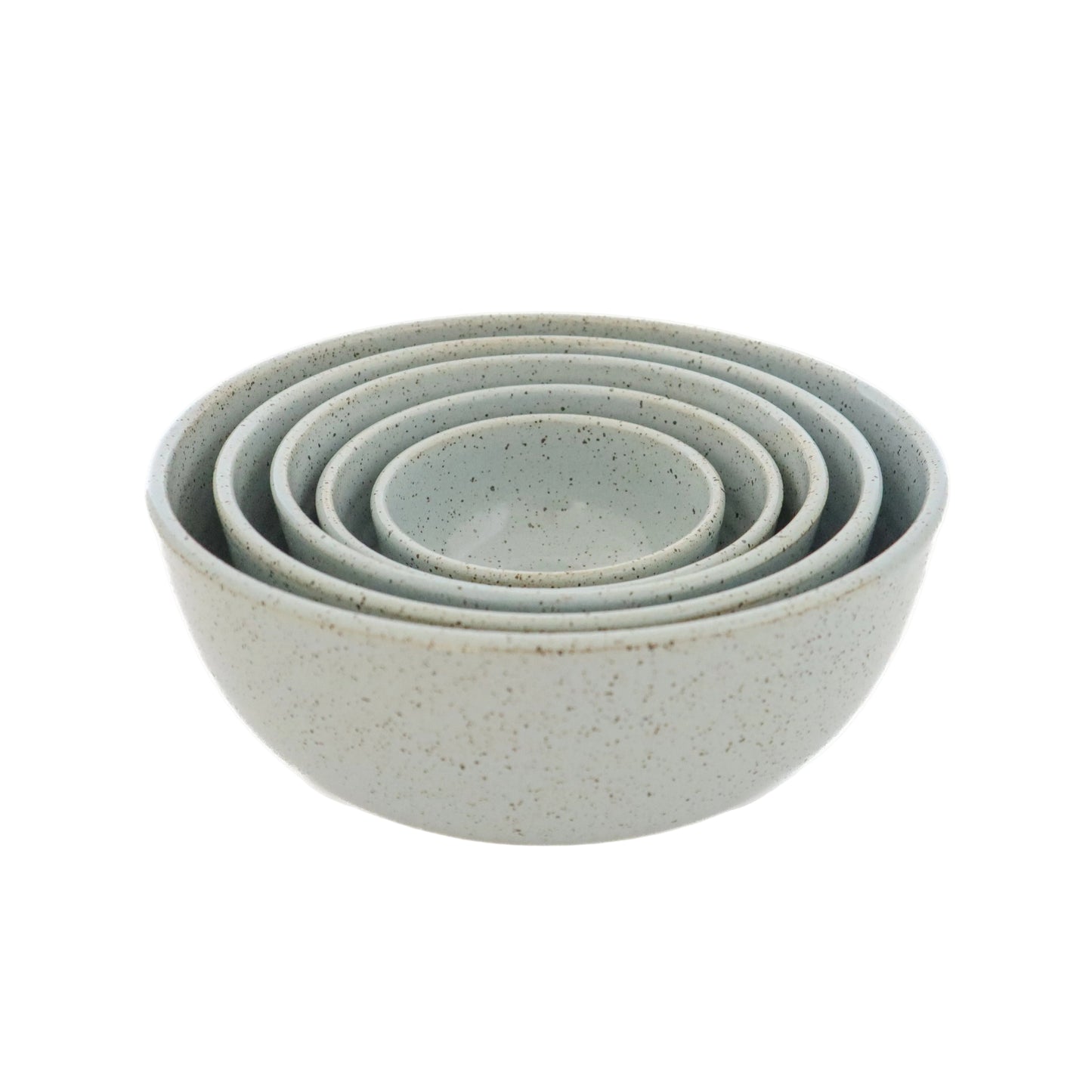 A set of 5 light blue stoneware nesting bowls of various sizes, placed stacked in an ascending order with the smallest at the bottom.
